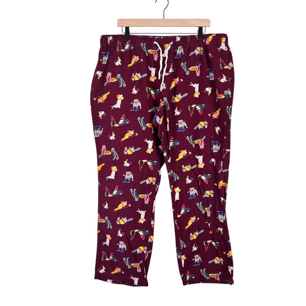 Old Navy Mens XL Flannel Pajama Pants Maroon Animal Print Raccoon Fox Dog Lounge